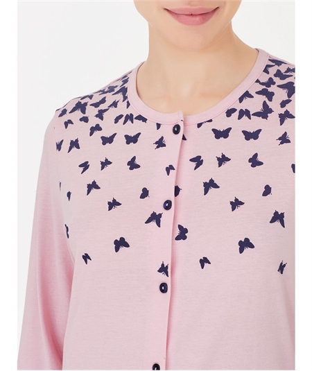 Ragno DC55N6 - Pigiama donna lungo aperto in jersey di cotone con stampa farfalle. Fantasia Lilla 143F