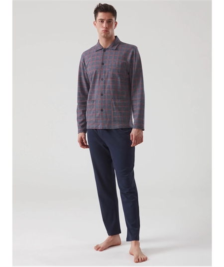 Ragno - U533N7 Pigiama aperto con collo camicia in caldo cotone invernale e viscosa. Fantasi Fumo Melange 104 MF