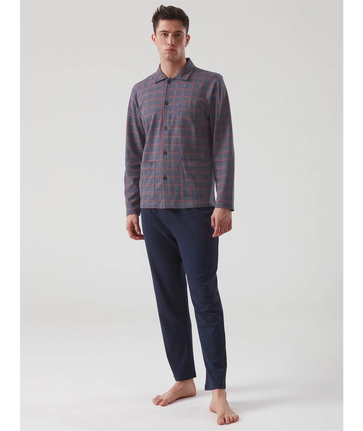 Ragno - U533N7 Pigiama aperto con collo camicia in caldo cotone invernale e viscosa. Fantasi Fumo Melange 104 MF