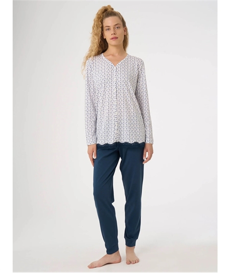 Ragno - DG18N6 Pigiama tutto aperto a fantasia in Jersey di puro Cotone - Fantasia Bianco 010F