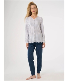 Ragno - DG18N6 Pigiama tutto aperto a fantasia in Jersey di puro Cotone - Fantasia Bianco 010F