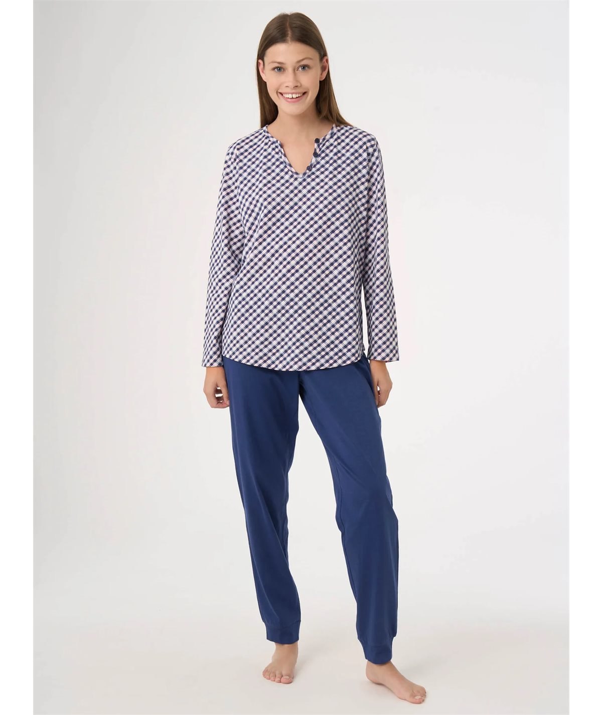 Ragno DF97N2 - Pigiama lungo scollo V fantasia in Jersey di puro Cotone - Fantasia Prussia 290F