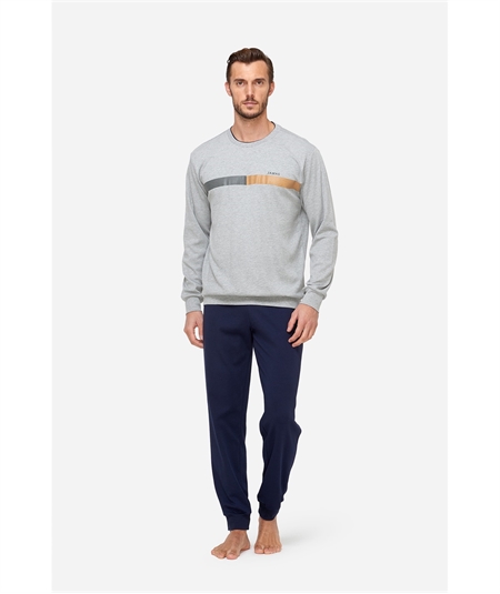 Jamas IJ 2121 - Pigiama girocollo a fantasia in puro Cotone Interlock. Colore: Blu/Grigio