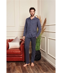 Q.bò 1090-GS - Pigiama giacca aperta con colletto in puro Cotone invernale. Colore: Grigio Scuro