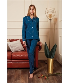 Q.bò 1537-PE - Pigiama aperto con colletto in puro Cotone invernale. Colore: Fantasia Pois Petrolio