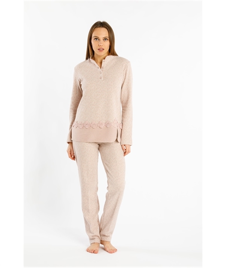Fida I2323 - Pigiama collo alla Coreana in caldo tessuto Punto Milano. Colore: Fantasia Beige