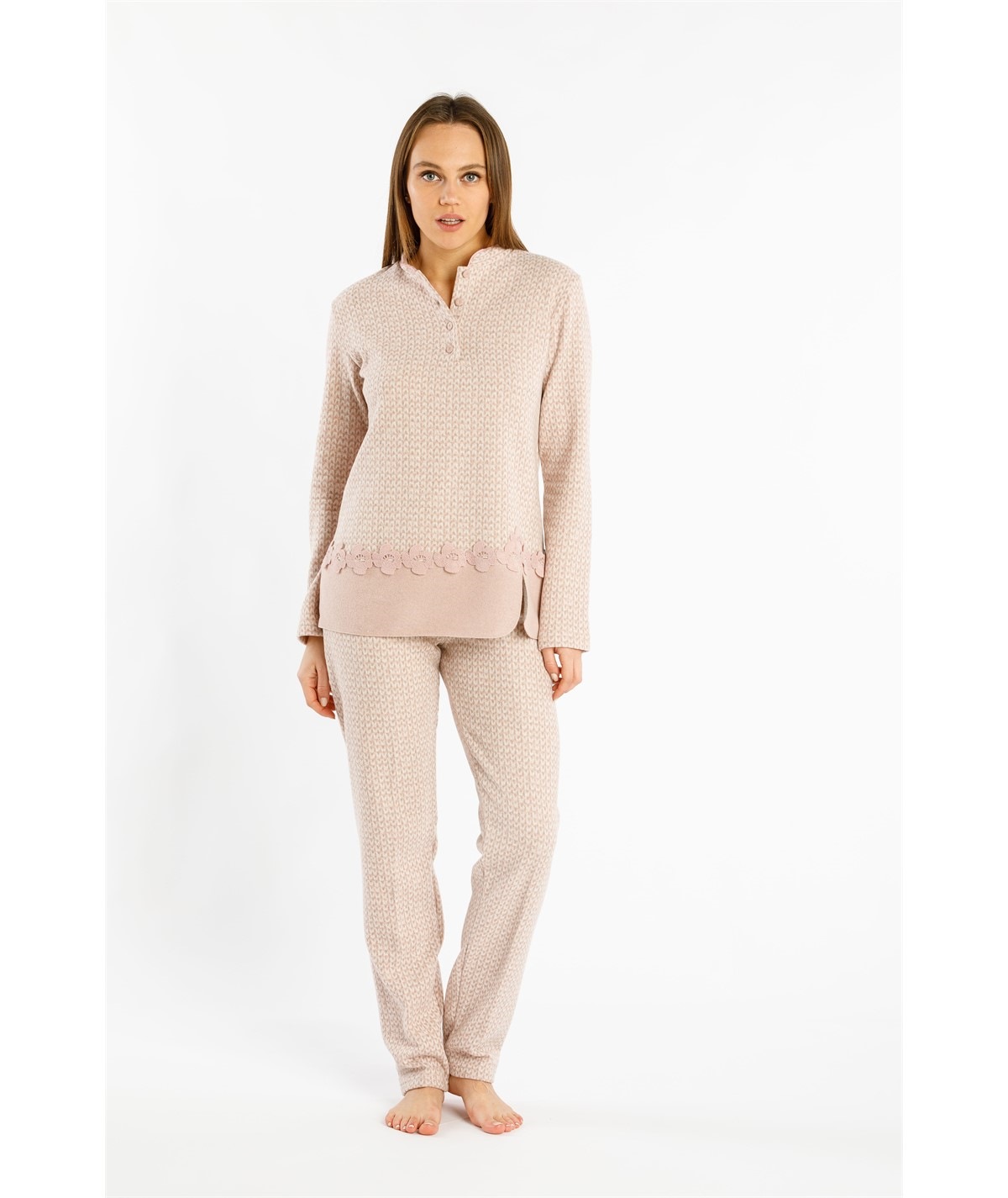 Fida I2323 - Pigiama collo alla Coreana in caldo tessuto Punto Milano. Colore: Fantasia Beige