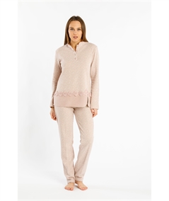 Fida I2323 - Pigiama collo alla Coreana in caldo tessuto Punto Milano. Colore: Fantasia Beige