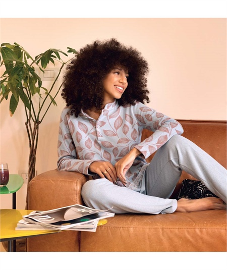 Fida I2316 - Pigiama collo alla Coreana in caldo tessuto Punto Milano. Colore: Azzurro Pastello