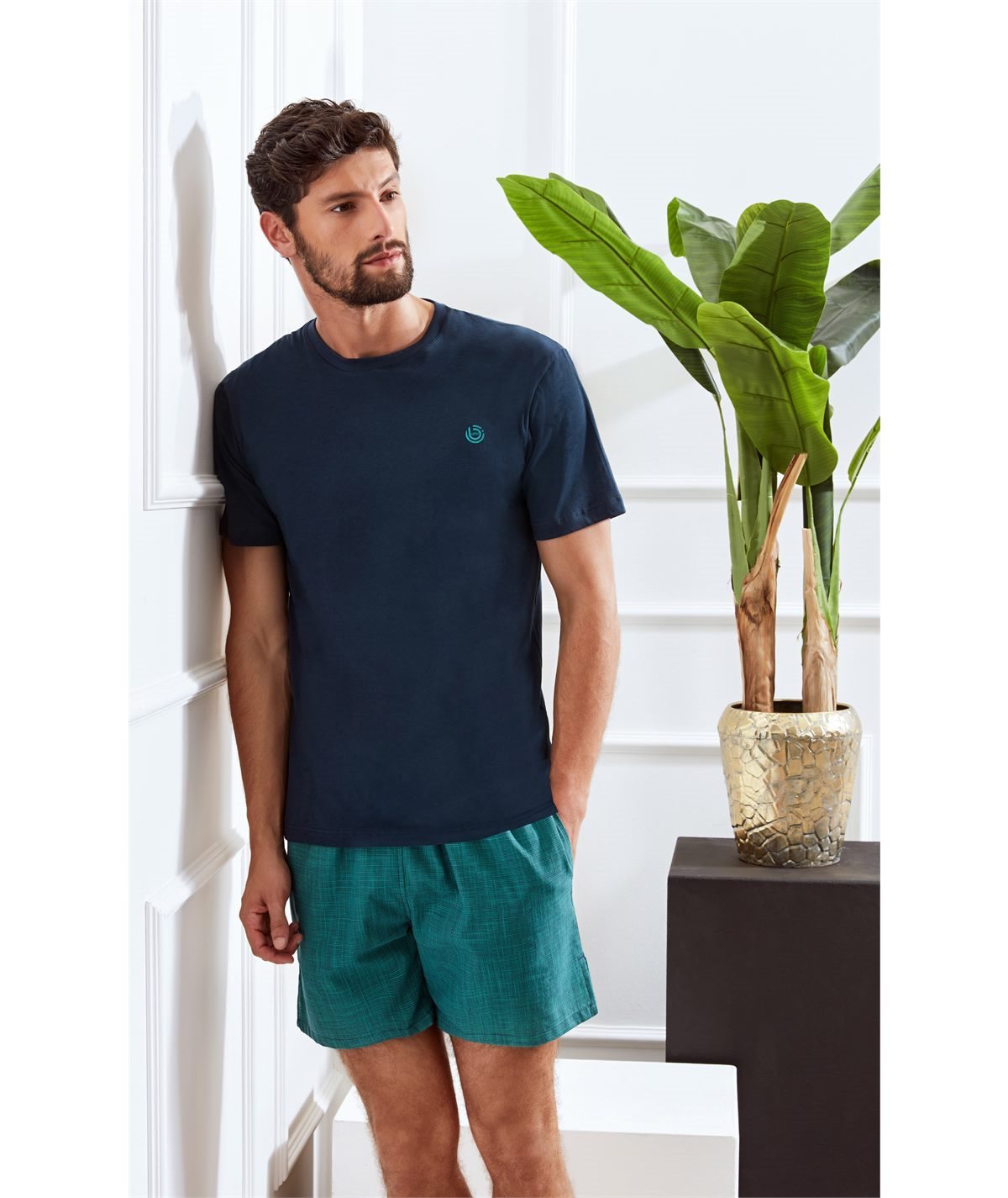 Q.bò 1823-BL Pigiama corto girocollo in jersey e popeline di puro cotone. Colore Fntasia Blu