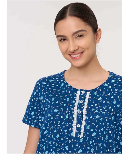 Ragno - DM68NK Camicia da notte manica corta a serafino in Jersey di Cotone. Colore: Fant. Navy Peony A16F