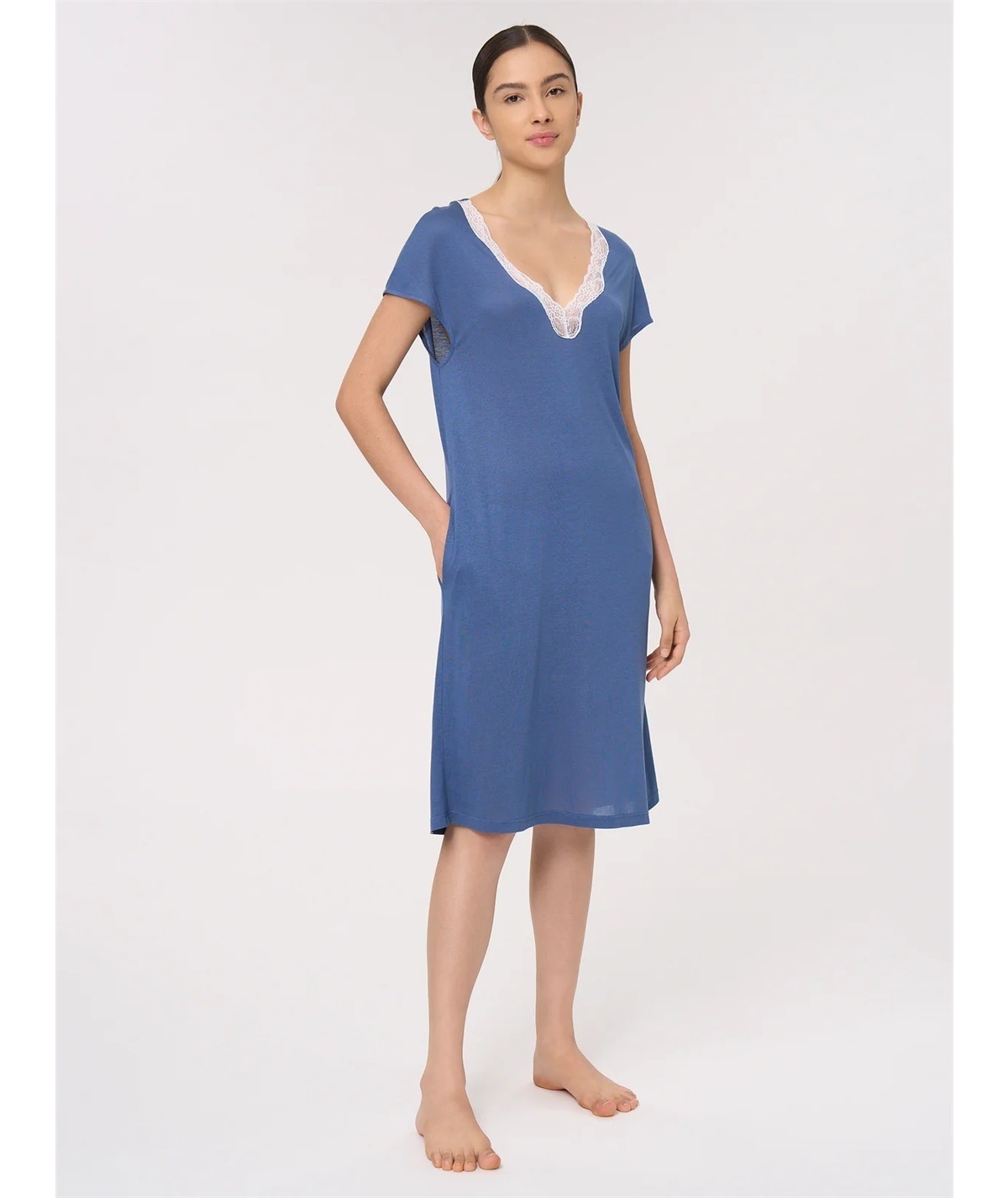 Ragno DM73NL - Camicia notte manica a Kimono in maglina di Modal. Colore: Bjou Blue A30