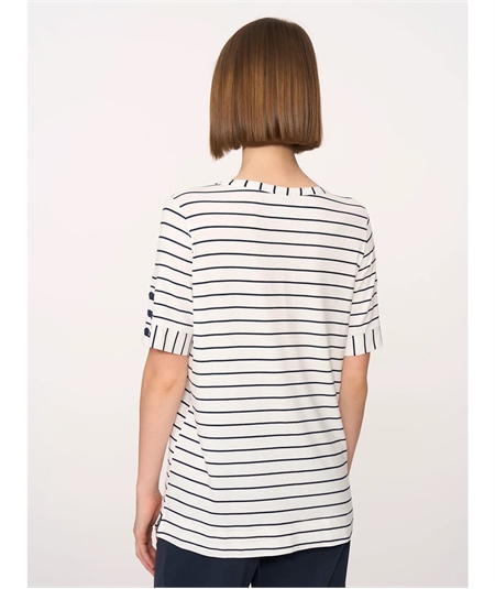 Ragno DN46T7 - Maglia girocollo manica corta fantasia a righe in Viscosa. Colore: Fant. White 983F