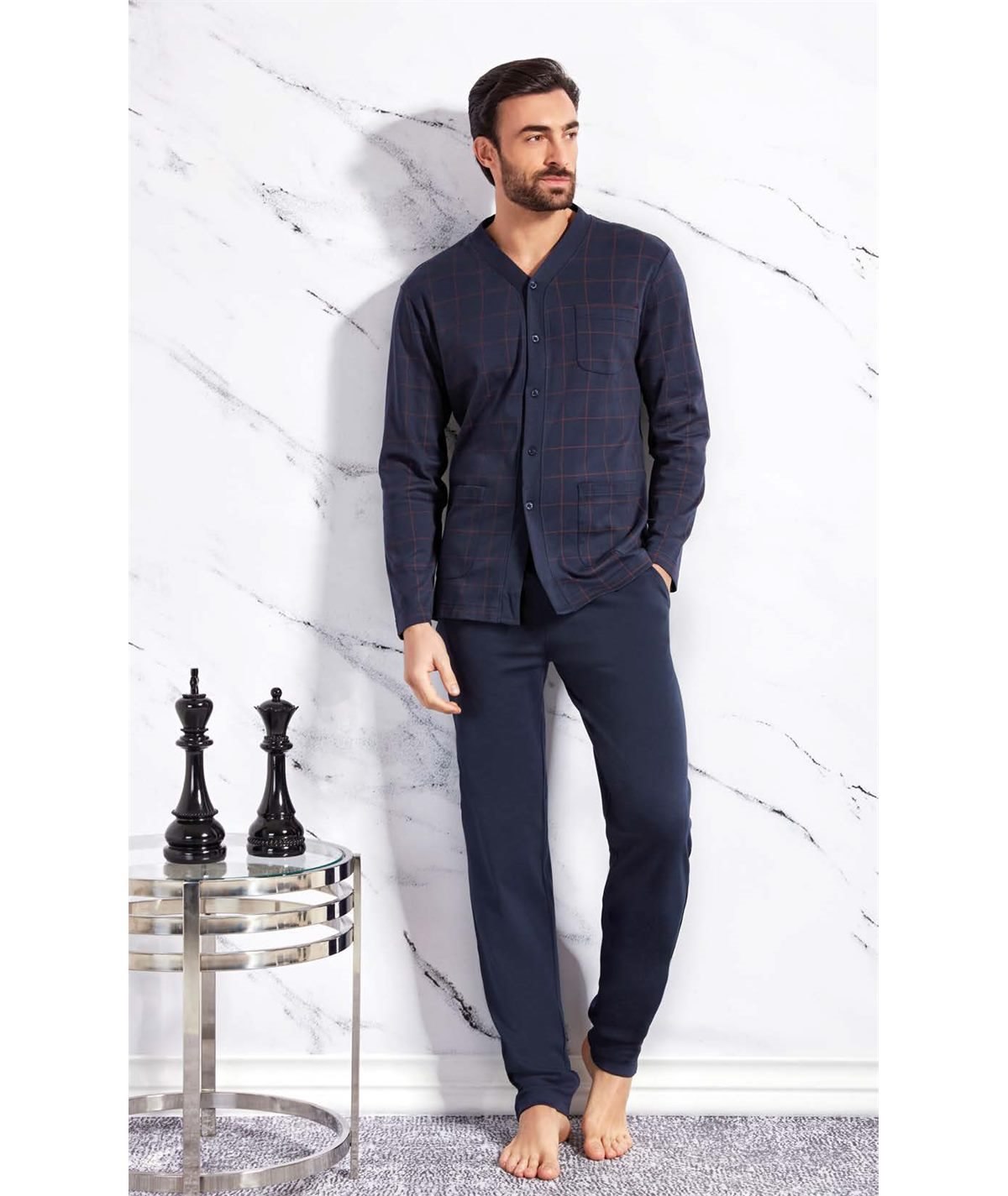 Q.bò 46301-BL Pigiama giacca aperta scollo V con bottoni in puro cotone interlock. Colore: Fantasia Bleu