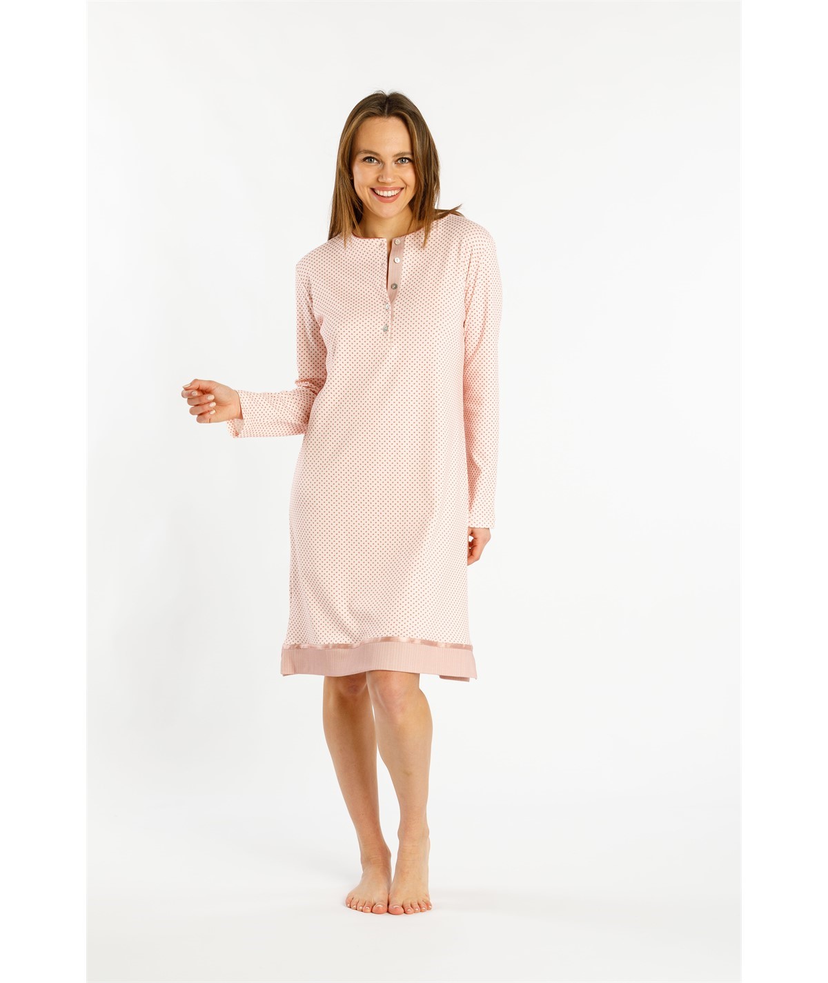 Fida I2314 - Camicia notte girocollo serafino in puro cotone Interlock. Colore: Fantasia a fiorellini Rosa.