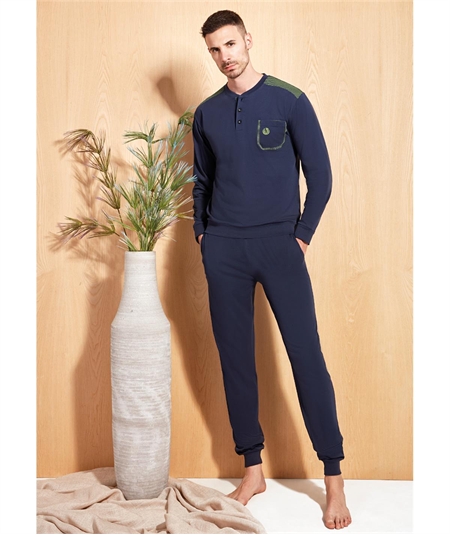 Q.bò 49525-BL Pigiama girocollo serafino manica lunga in puro Cotone. Colore: Bleu