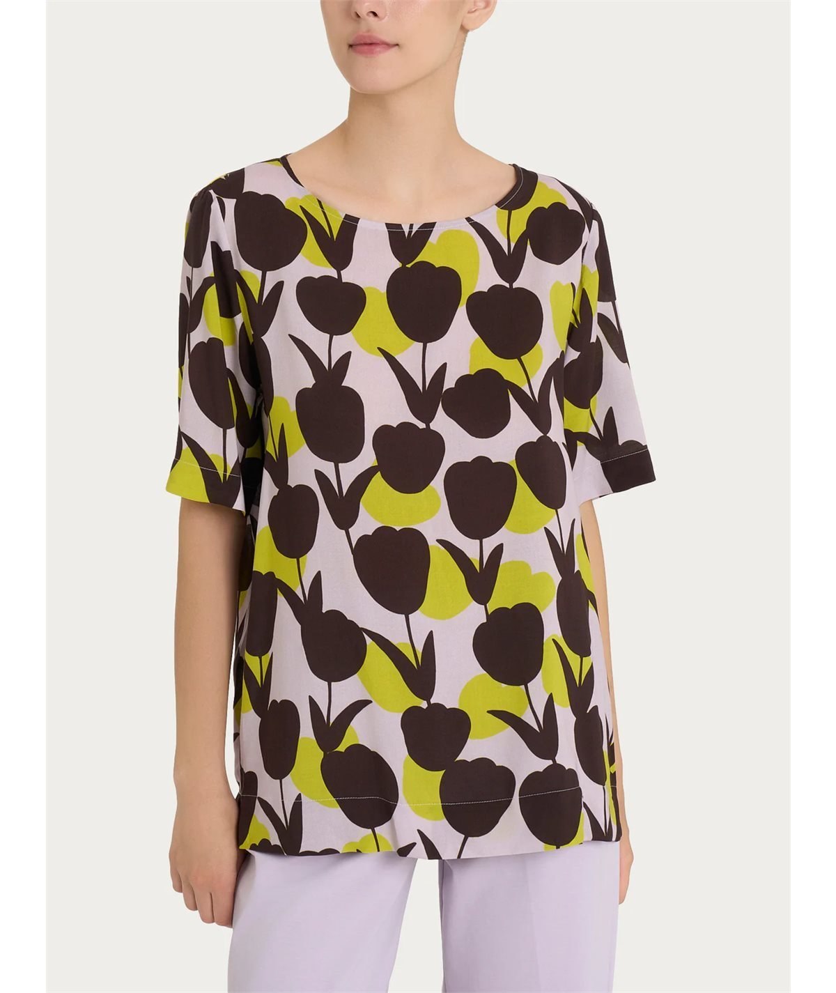 Ragno DQ26S7 - Blusa girocollo con macro tulips pattern in Ecoseta. Colore: Fantasia Grenoble Green B25F
