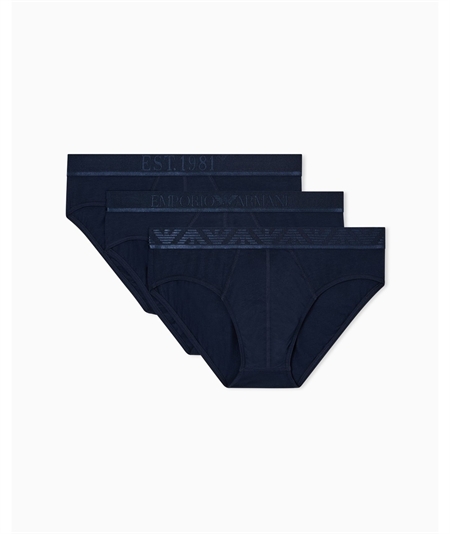EM000258AF10780 Set di 3 Slip Emporio Armani in cotone elasticizzato. Colore: Bleu B254