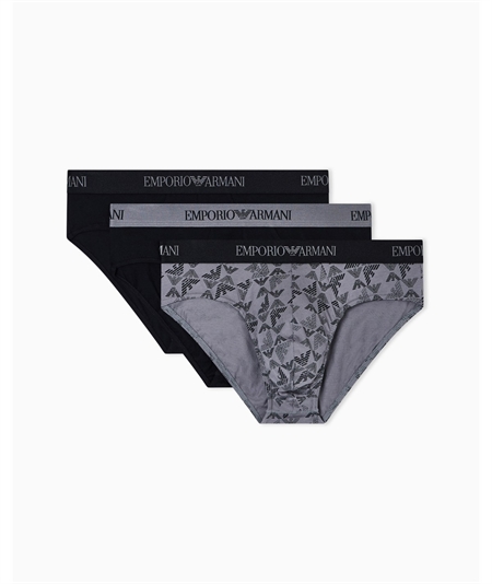 EM000258AF10800 Set di 3 di Slip Emporio Armani in cotone elasticizzato. Colore: Nero/Grigio MC 200 
