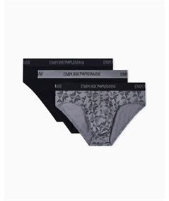 EM000258AF10800 Set di 3 di Slip Emporio Armani in cotone elasticizzato. Colore: Nero/Grigio MC 200 