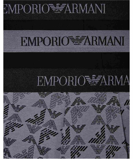 EM000260AF10800 Set di 3 Boxer Emporio Armani in cotone elasticizzato. Colore: Nero- Fantasia Grigio MC200 