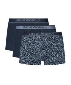 EM000370AF10779 Set di 3 Boxer Emporio Armani in cotone elasticizzato. Colore: Fantasia Bleu MB089