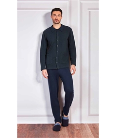 QPA023-BL Q.bò - Pigiama giacca aperta con collo e bottoni in Tessuto Punto Milano. Colore: Fantasia Bleu