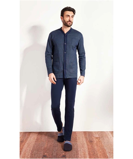 Q.bò QPA064-BL - Pigiama a giacca aperta con collo sciallato in caldo cotone Interlock. Colore: Fantasia Bleu