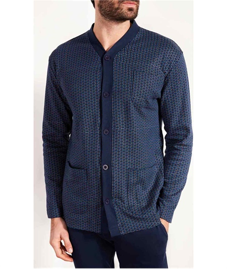 Q.bò QPA064-BL - Pigiama a giacca aperta con collo sciallato in caldo cotone Interlock. Colore: Fantasia Bleu