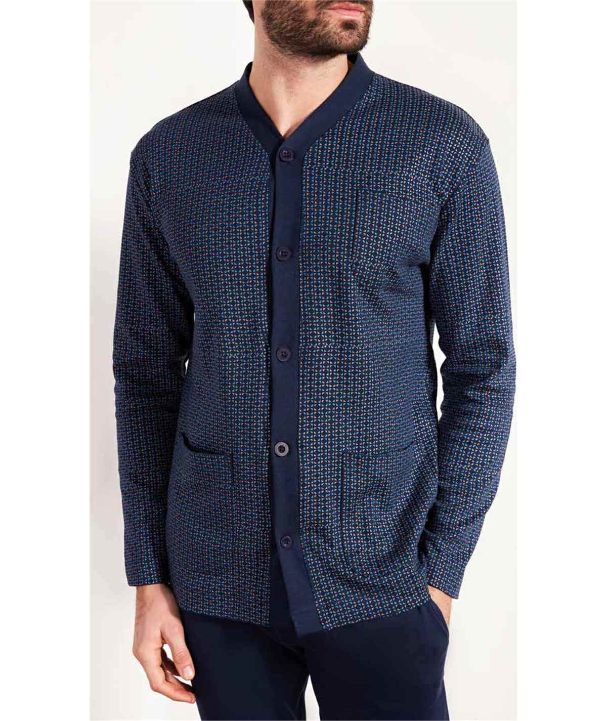 Q.bò QPA064-BL - Pigiama a giacca aperta con collo sciallato in caldo cotone Interlock. Colore: Fantasia Bleu