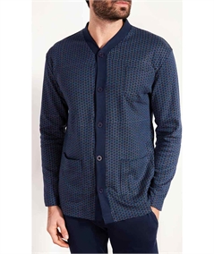 Q.bò QPA064-BL - Pigiama a giacca aperta con collo sciallato in caldo cotone Interlock. Colore: Fantasia Bleu