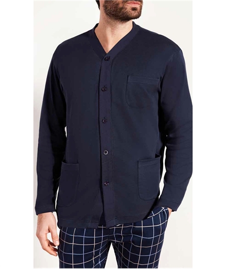 Q.bò QPA068BL - Pigiama a giacca aperta con collo sciallato in caldo cotone Interlock. Colore: Blu