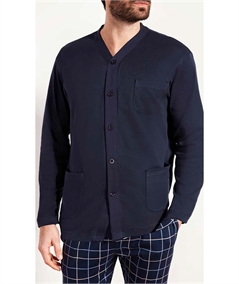 Q.bò QPA068BL - Pigiama a giacca aperta con collo sciallato in caldo cotone Interlock. Colore: Blu