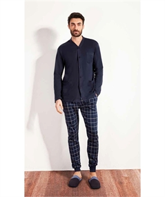 Q.bò QPA068BL - Pigiama a giacca aperta con collo sciallato in caldo cotone Interlock. Colore: Blu