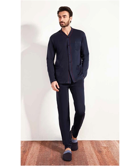 Q.bò 46339BL - Pigiama a giacca aperta con collo sciallato in caldo cotone Interlock. Colore: Blu