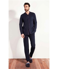 Q.bò 46339BL - Pigiama a giacca aperta con collo sciallato in caldo cotone Interlock. Colore: Blu