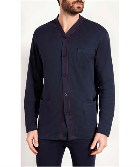 Q.bò 46339BL - Pigiama a giacca aperta con collo sciallato in caldo cotone Interlock. Colore: Blu