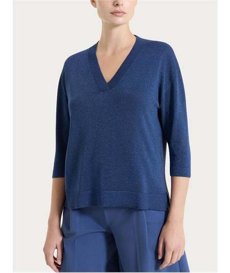 Ragno DS77M5 - Maglia con scollo a V manica 3/4 in tessuto Lurex. Colore: Oceana C70