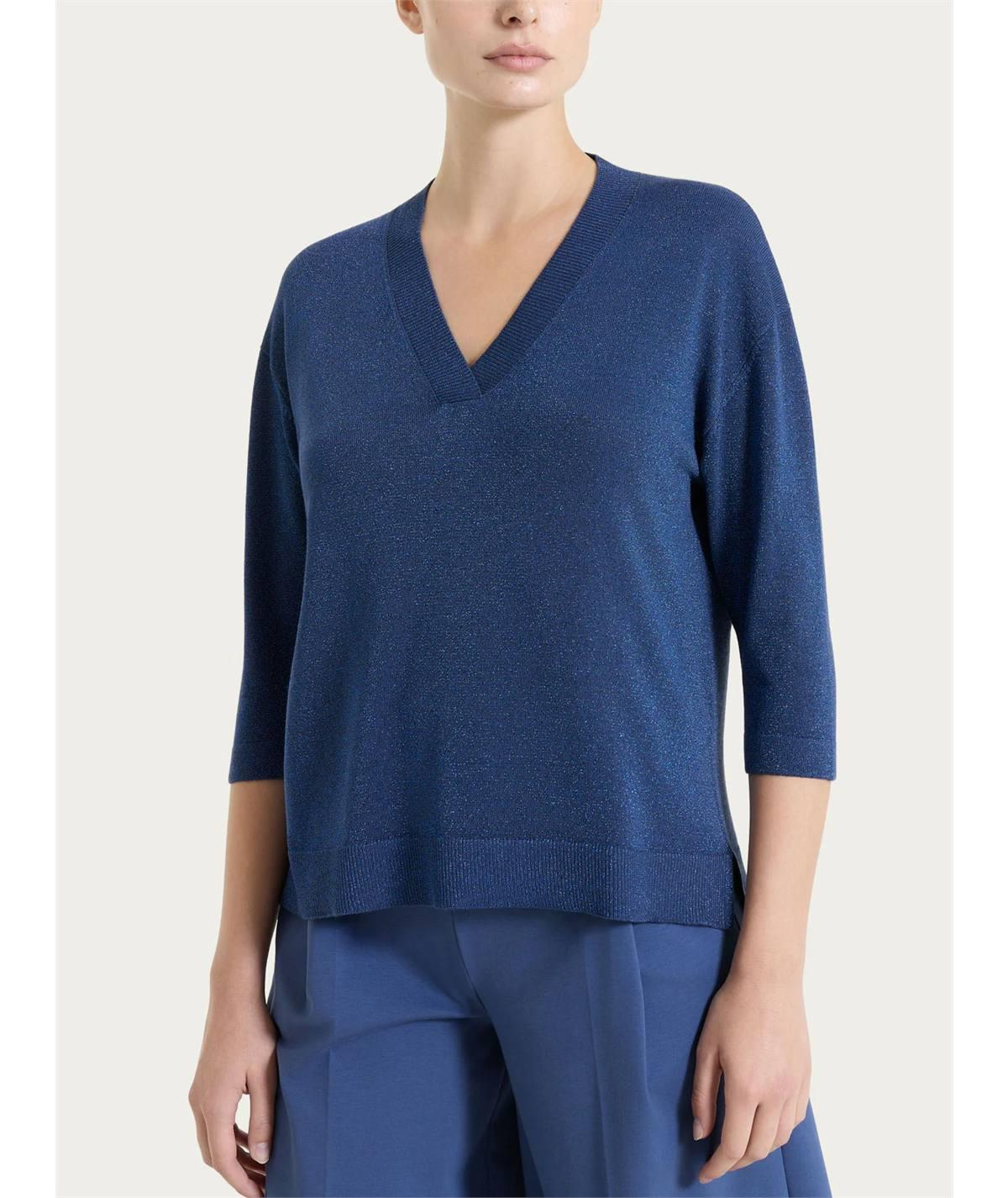 Ragno DS77M5 - Maglia con scollo a V manica 3/4 in tessuto Lurex. Colore: Oceana C70