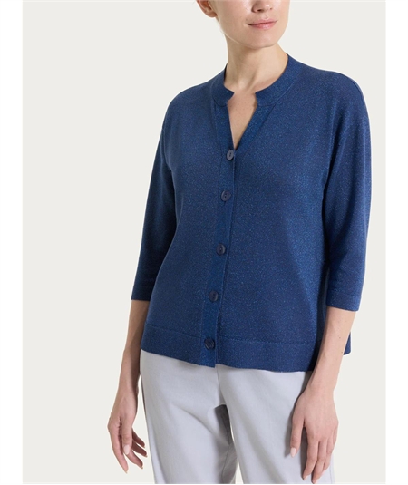 Ragno DS77MI - Cardigan scollo V con bottoni e manica 3/4 in Lurex. Colore: Oceana C70