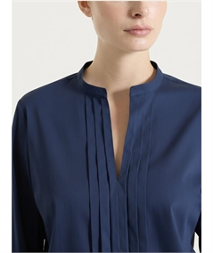 Ragno DS52SL - Camicia scollo V manica 3/4 con pieghe frontali in Poplin di Cotone. Colore: Bleu 078