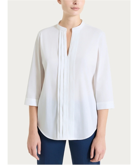 Ragno DS52SL - Camicia scollo V manica 3/4 con pieghe frontali in Poplin di Cotone. Colore: Bianco 010