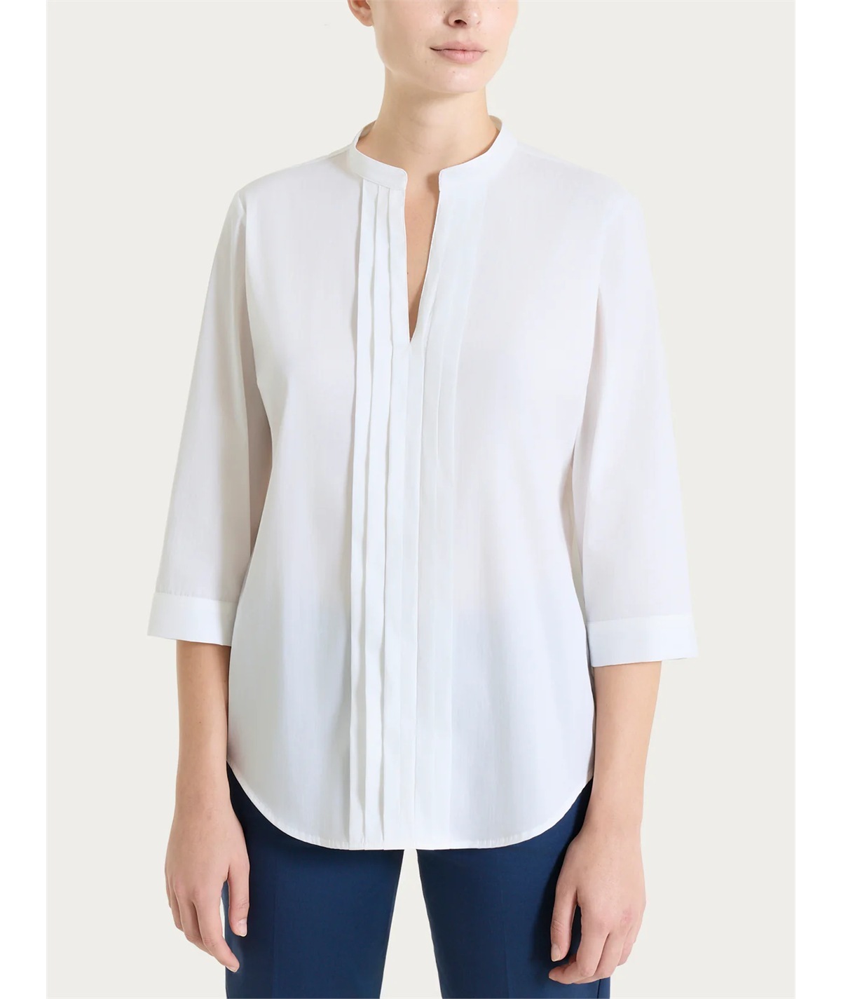 Ragno DS52SL - Camicia scollo V manica 3/4 con pieghe frontali in Poplin di Cotone. Colore: Bianco 010