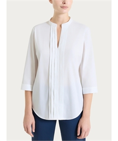 Ragno DS52SL - Camicia scollo V manica 3/4 con pieghe frontali in Poplin di Cotone. Colore: Bianco 010