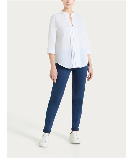 Ragno DS52SL - Camicia scollo V manica 3/4 con pieghe frontali in Poplin di Cotone. Colore: Bianco 010