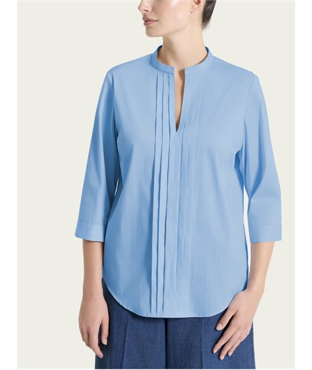 Ragno DS52SL - Camicia scollo V manica 3/4 con pieghe frontali in Poplin di Cotone. Colore: Bel Air Blue C15