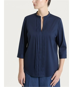 Ragno DS52SL - Camicia scollo V manica 3/4 con pieghe frontali in Poplin di Cotone. Colore: Bleu 078