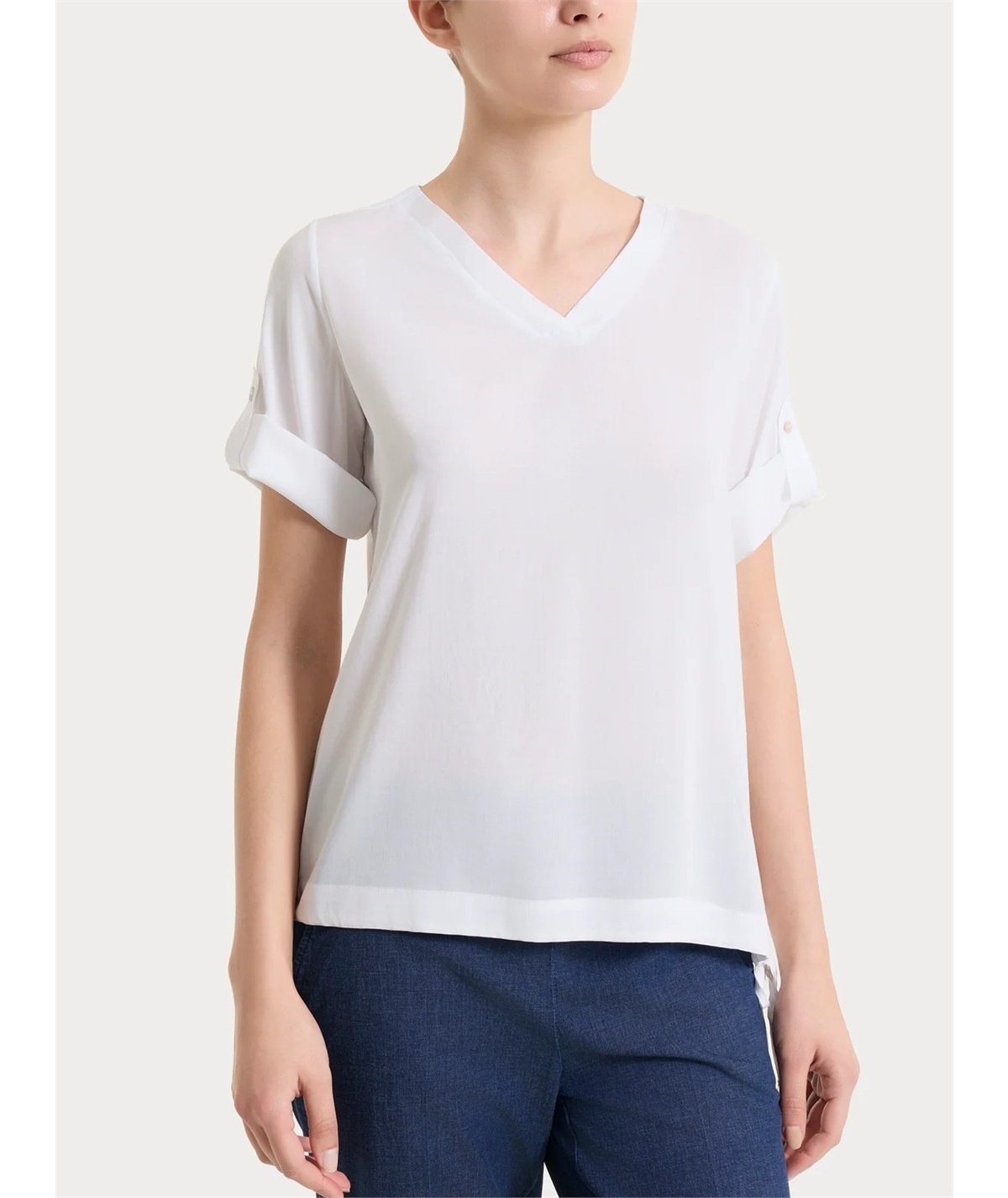 Ragno DS23SJ - Blusa con scollo a V e manica corta risvoltabile in Voile Stretc. Colore: Bianco 010