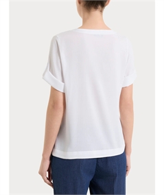 Ragno DS23SJ - Blusa con scollo a V e manica corta risvoltabile in Voile Stretc. Colore: Bianco 010