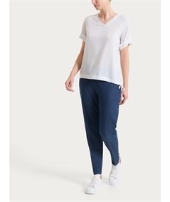 Ragno DS23SJ - Blusa con scollo a V e manica corta risvoltabile in Voile Stretc. Colore: Bianco 010